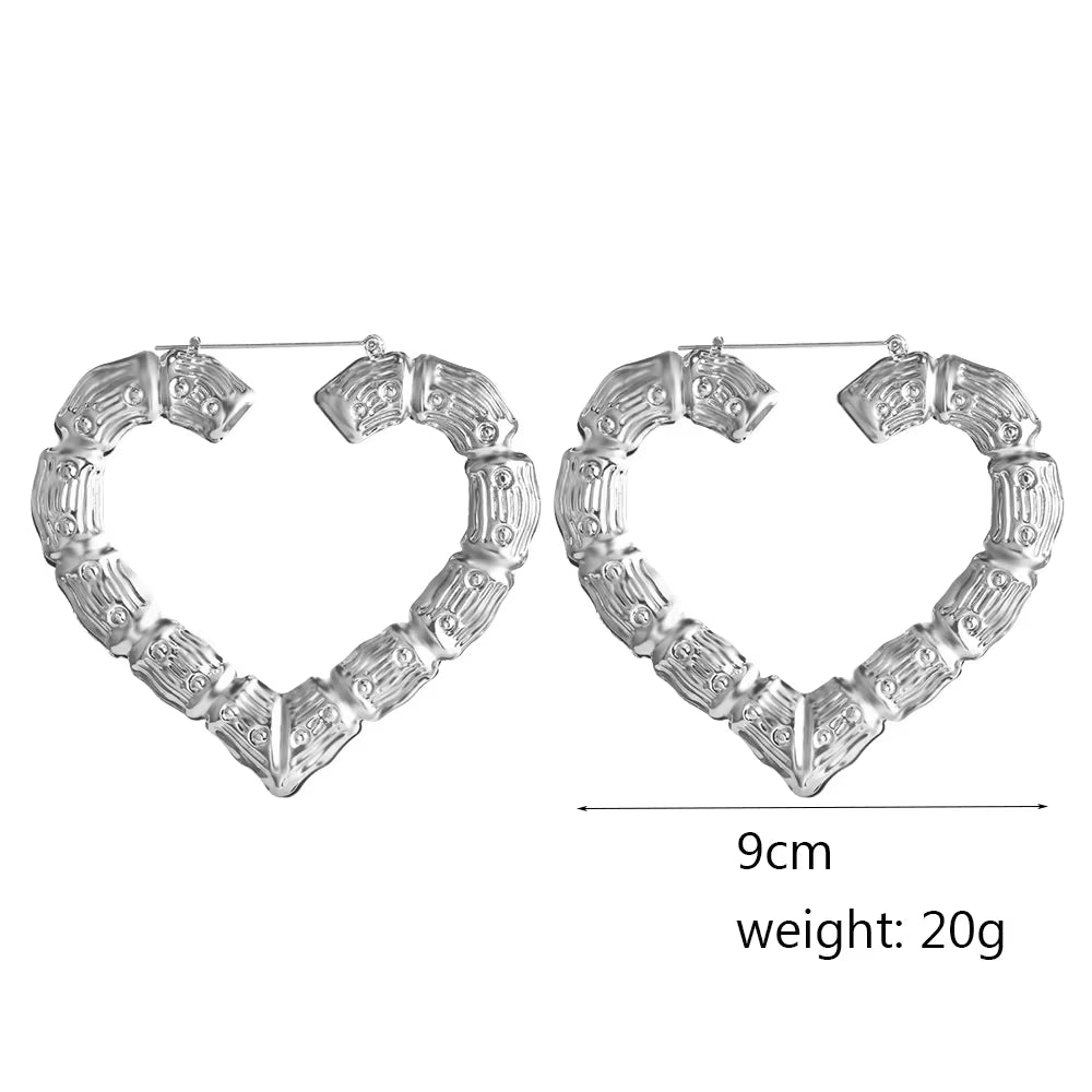 Big Large Bamboo Heart Hoop Earrings Women Gold Silver Color Basketball Wives Statement Brincos Boho Jewelry Party Gift