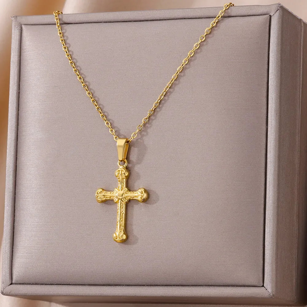 Stainless Steel Cross Necklaces for Women Men Gold Color Religion Charm Choker Necklace Jewelry Gift Bijoux Femme Lucky Gift