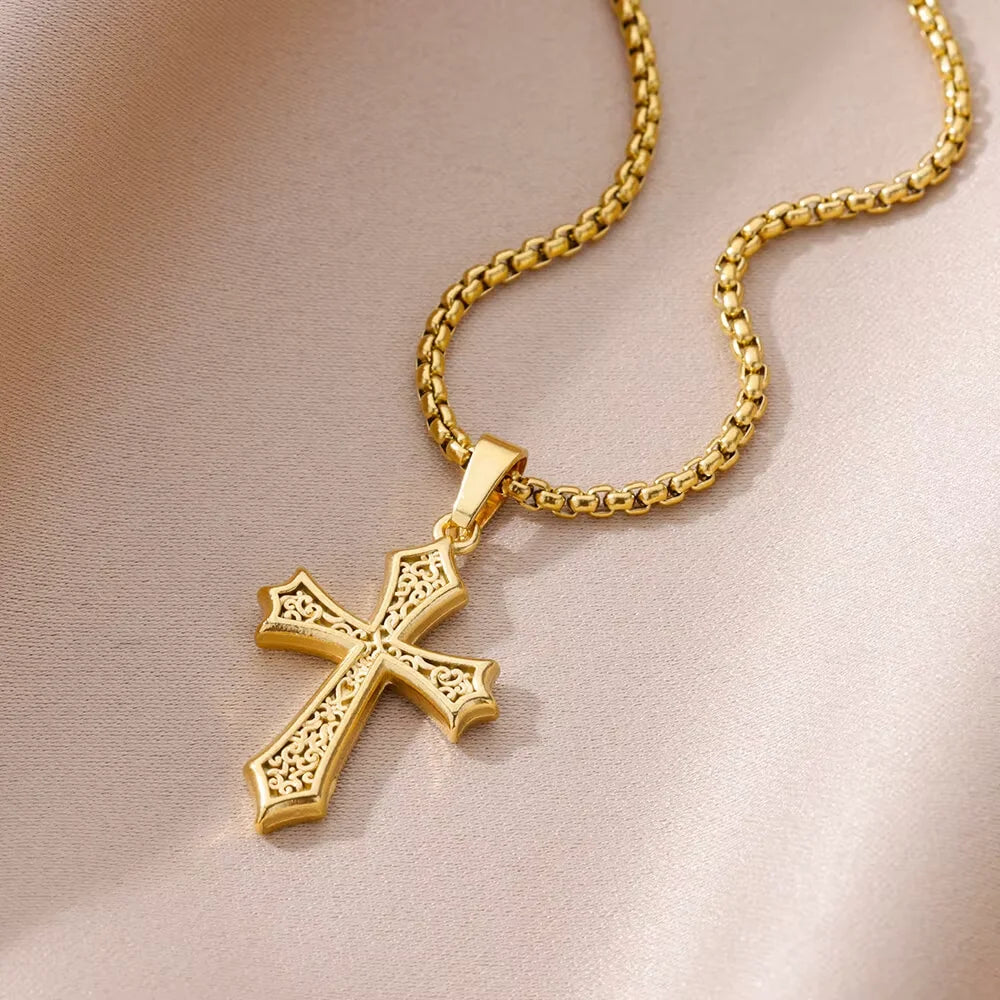 Stainless Steel Cross Necklaces for Women Men Gold Color Religion Charm Choker Necklace Jewelry Gift Bijoux Femme Lucky Gift