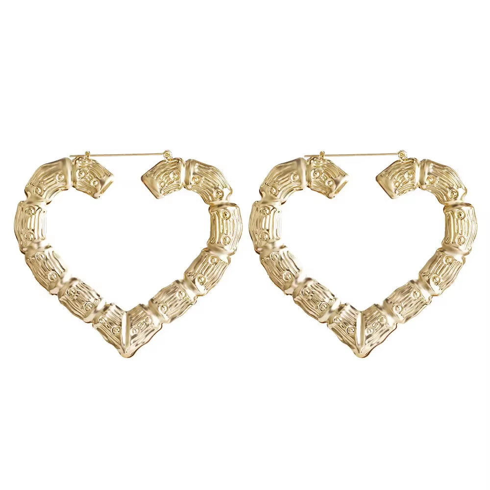 Big Large Bamboo Heart Hoop Earrings Women Gold Silver Color Basketball Wives Statement Brincos Boho Jewelry Party Gift