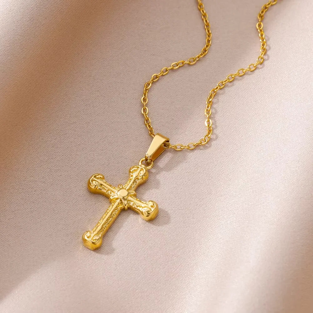 Stainless Steel Cross Necklaces for Women Men Gold Color Religion Charm Choker Necklace Jewelry Gift Bijoux Femme Lucky Gift
