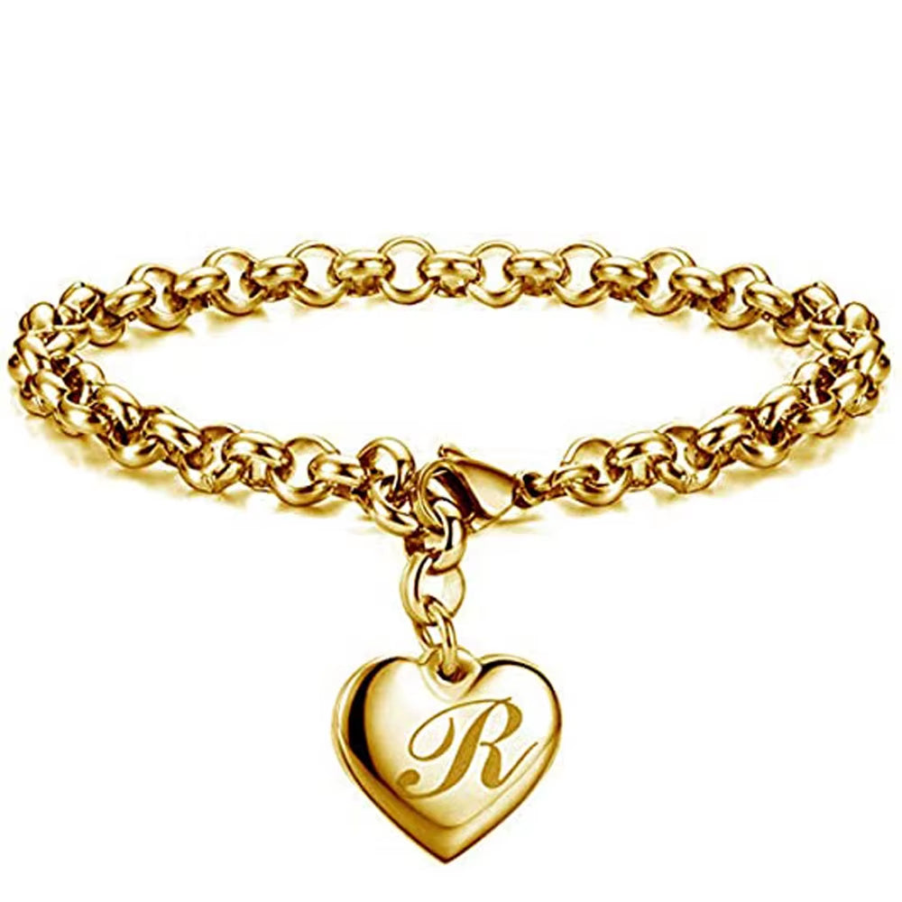Initial Charm Gold-Color Bracelets Stainless Steel Heart 26 Letters Alphabet Bracelet for Women Girls Kids Gifts