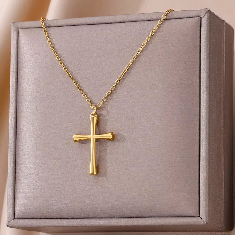 Stainless Steel Cross Necklaces for Women Men Gold Color Religion Charm Choker Necklace Jewelry Gift Bijoux Femme Lucky Gift