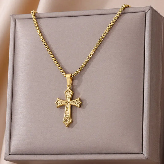 Stainless Steel Cross Necklaces for Women Men Gold Color Religion Charm Choker Necklace Jewelry Gift Bijoux Femme Lucky Gift